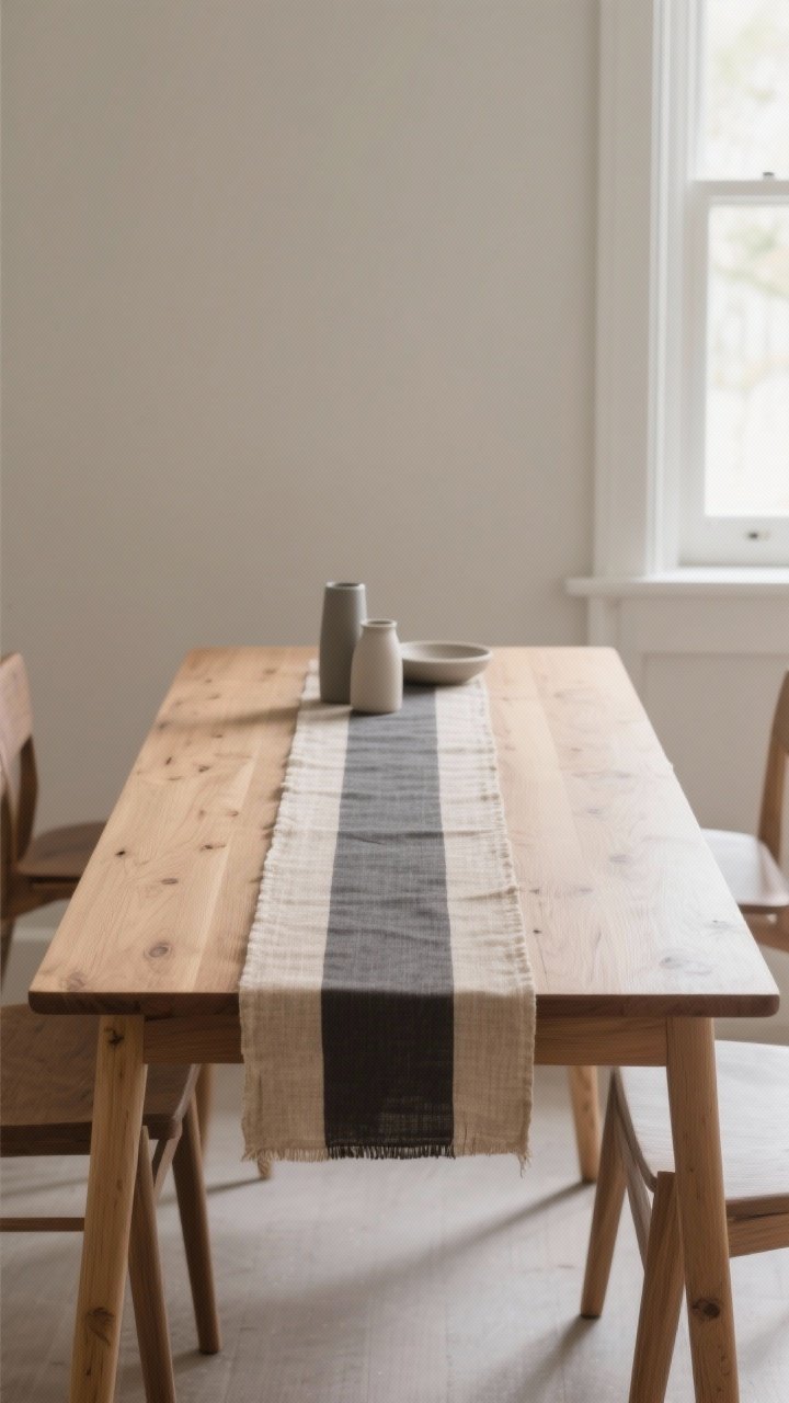 A medium, straight-on shot of a tidy rectangular dining table styled for everyday use: a natural oak table with a single flax-linen runner centered, a cohesive color story of warm neutrals (beige and soft gray) with a muted charcoal accent, ample negative space around objects, soft morning natural light from a nearby window, no tablecloth, clean surface ready for daily meals, minimal pieces that support function and are easy to move