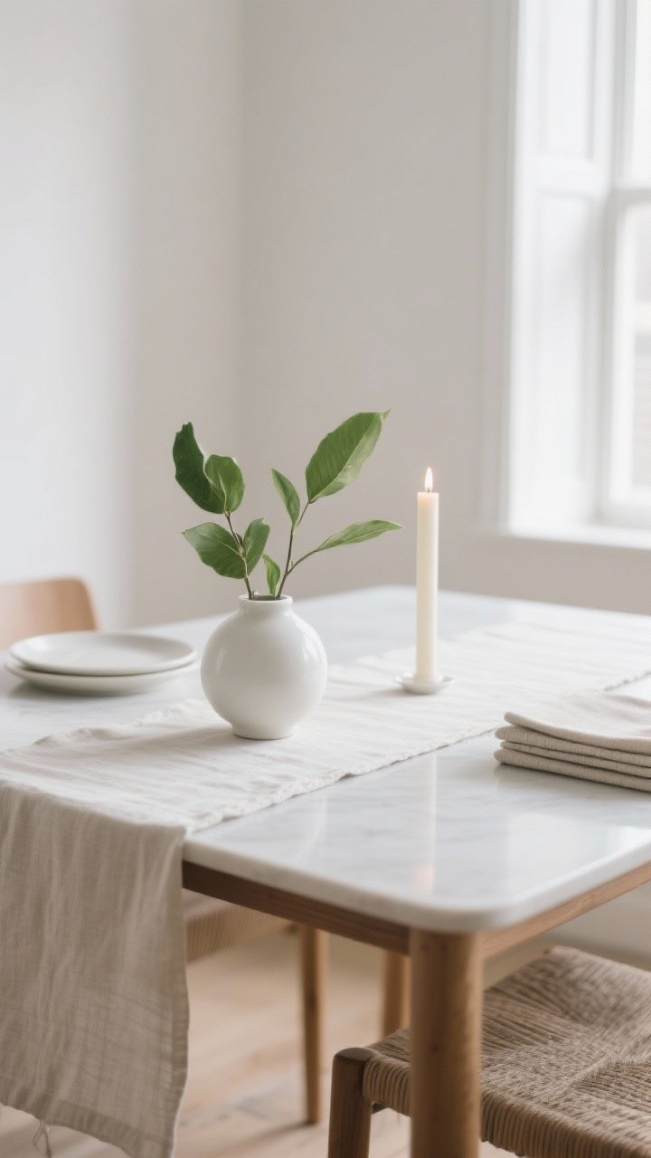 A medium, straight-on shot of an everyday “polished minimal” setup: the Classic formula—linen runner, a simple white ceramic vase with fresh green stems, and a single unscented candle; table surface otherwise clear and wipeable, no full place settings, optional neutral placemats stacked at the side, calm, bright daylight that feels lived-in but uncluttered