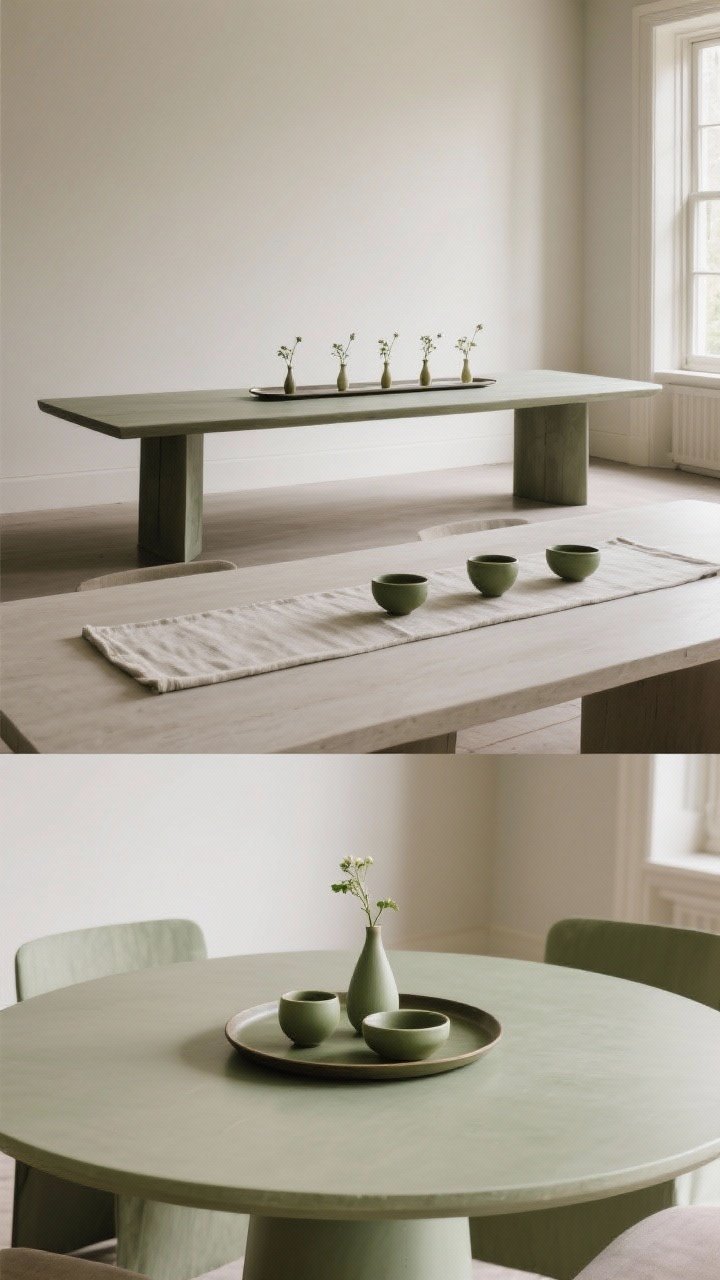A split-perspective wide composition showcasing styling for different table shapes: foreground round table with a centered compact trio on a round tray (mirroring the table) and no runner; midground rectangular table with a linear linen runner and three evenly spaced low items down the center, space left at ends; background long, narrow table with a slim tray and a row of tiny bud vases, avoiding bulky bowls; cohesive neutral palette with one soft accent color like olive green, natural window light from the side