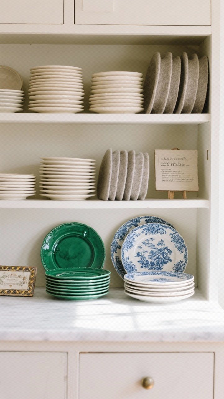 A straight-on cabinet-and-table vignette showing a high-low capsule collection: on open shelves, a neutral anchor set of cream dinner plates stacked with felt dividers protecting rims; beside them, two accent stacks—one bold color set (emerald salad plates), one patterned set (blue-and-white toile dessert plates); mixed materials visible: matte stoneware for casual use and fine porcelain for dressy dinners; a small note of thrifted vintage pieces with unique borders; bright, natural daylight for a crisp, collected look; no people.