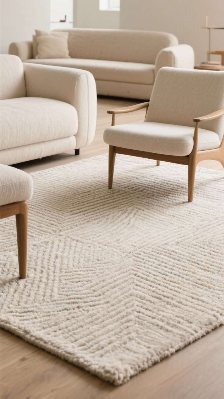 A straight-on, medium shot centered on a plush, low-contrast wool rug that anchors the seating area. Front legs of the sofa and lounge chair sit on the rug. The rug has subtle, micro-geometric texture with barely-there tonal stripes. Surrounding furniture in soft neutrals; daylight muted; sound-softening warmth emphasized.
