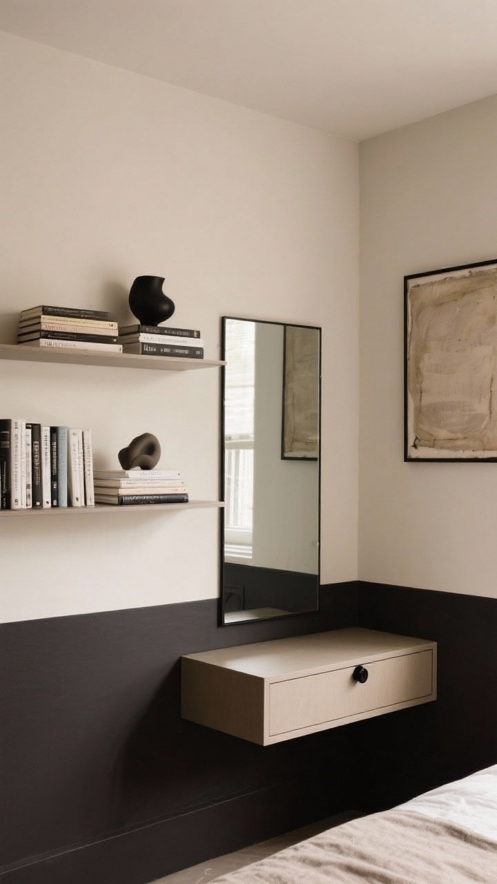 A straight-on medium shot of a small wall doing double duty: floating shelves styled with books stacked horizontally and one bold object per shelf (ample breathing room), a wall-mounted floating nightstand with matte black hardware, a tall mirror placed across from a window to bounce light, and one oversized art piece replacing a gallery wall. Add a half-height contrast wall in deep charcoal below linen beige upper walls for instant architecture with crisp, modern lines.
