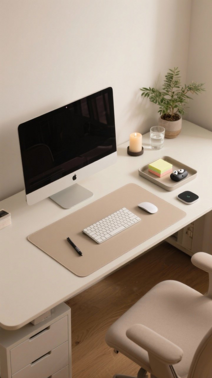 A straight-on medium shot showing a three-zone desk layout: focus zone centered with monitor, keyboard, mouse on a neutral desk mat; utility zone to the side with a slim tray neatly holding one pen, a small stack of sticky notes, AirPods case, and a wireless charging pad; refresh zone in the opposite corner with a small plant, a single candle, and a glass of water. Clear zoning through placement and the desk mat as a visual anchor, neutral palette with warm accents.