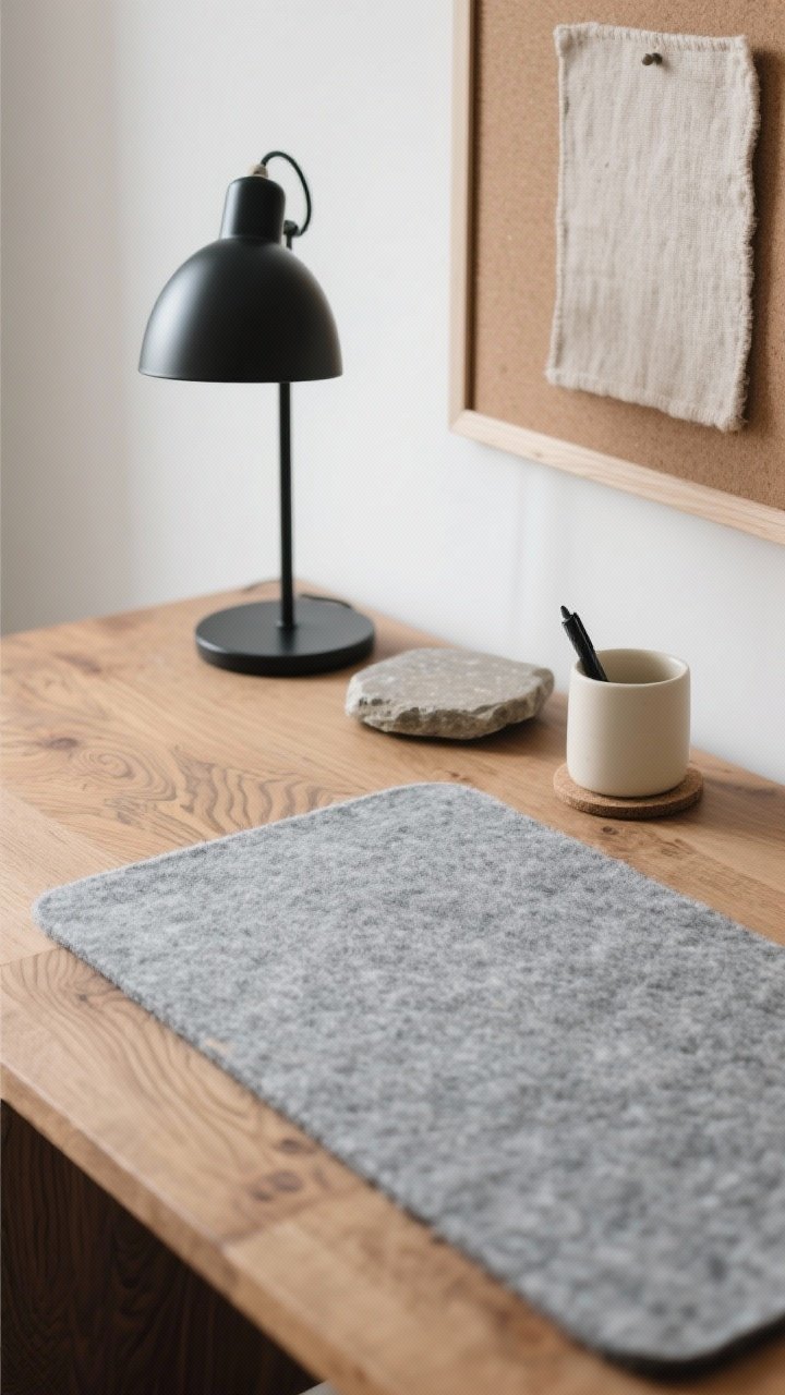 A tight closeup detail of textures that add warmth without clutter: a wool felt desk pad in soft gray atop a warm oak desktop, the grain clearly visible; a matte black metal task lamp base adjacent to a natural linen pin board edge; a stone coaster next to a cream ceramic pen cup. Soft, diffuse natural light raking across surfaces to reveal tactile contrast—Scandinavian calm, sleek but soft, functional beauty.
