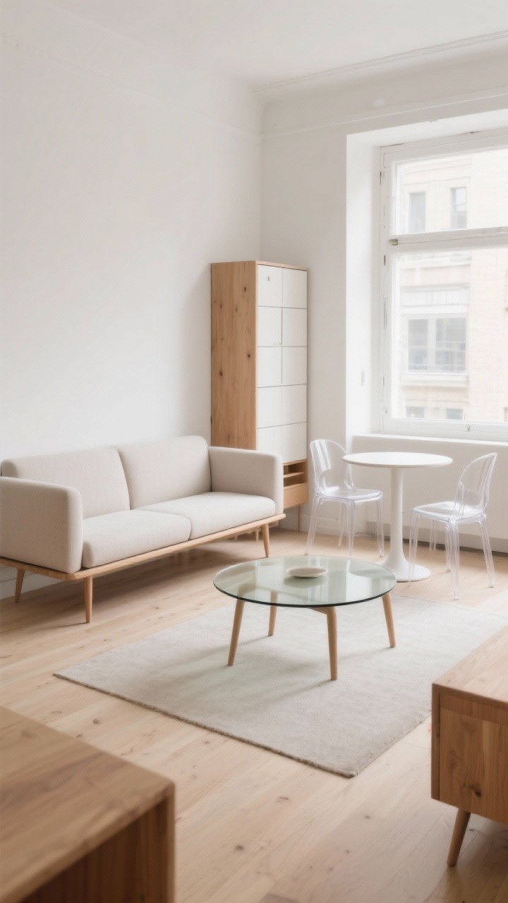 A wide corner-angle view of a tiny living-dining combo featuring slim, raised-on-legs furniture: a 76-inch sofa with a bench seat and tight back, slender wooden legs; a round glass coffee table to keep sightlines open; a small round bistro dining table with two clear ghost chairs. Add a tall, narrow storage unit instead of a deep credenza to emphasize vertical storage. Warm white walls, light oak tones, and gentle morning light for an airy, flowing modern vibe with soft curves.