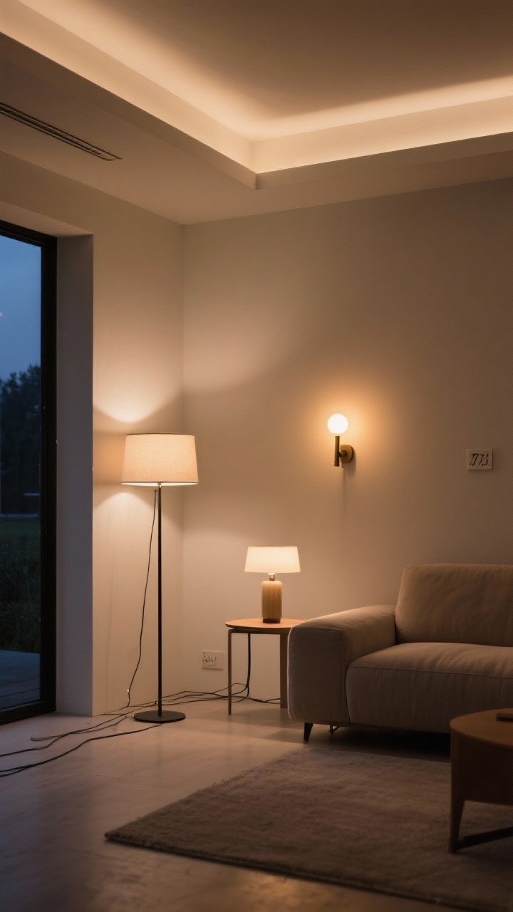 A wide evening shot showcasing layered ambient lighting: a slender floor lamp washing a wall, a table lamp for task light near the sofa, and a wall sconce glowing warmly. Bulbs at 2700K–3000K with visible dim, creating soft pools of light. Neutral room palette; cables hidden; mood: cozy minimal.