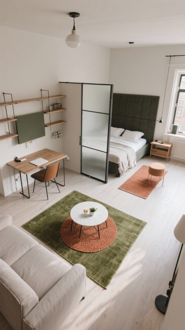 A wide overhead (bird’s-eye) shot of a studio apartment cleanly zoned: a large rug anchoring the living area with a slim sofa, a smaller round rug under a bistro dining table, an open shelving unit acting as a light-permeable divider to separate the bed zone, and a wall-mounted drop-leaf table as a foldaway desk. Keep a cohesive neutral base palette, with olive accents in the living zone and rust accents in dining. Include a dark headboard panel to define the sleeping area and maintain clear walking pathways; soft, even daylight for calm order.