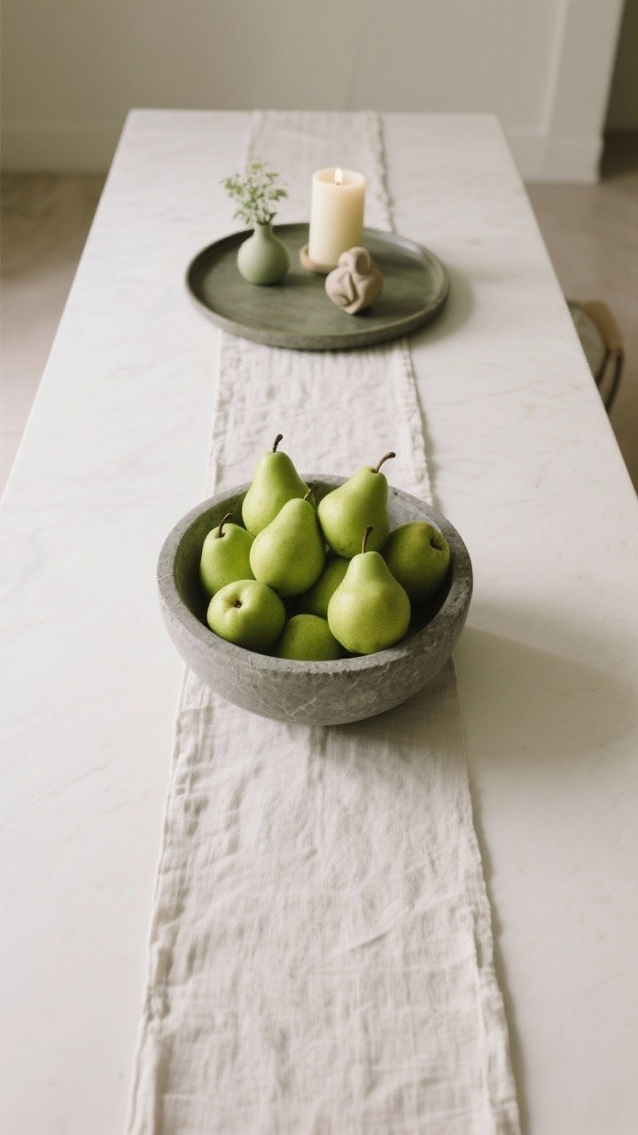 A wide overhead shot of a long rectangular table featuring one strong focal point: a low, wide matte stone bowl filled with bright green pears centered on a linen runner, scale matched to the table so it feels substantial, with the rest of the surface clear; alternate option in frame edge shows a round tray cluster with a single unscented pillar candle, a small bud vase, and a sculptural object, neutral palette with a single muted moss-green accent, balanced composition with plenty of negative space