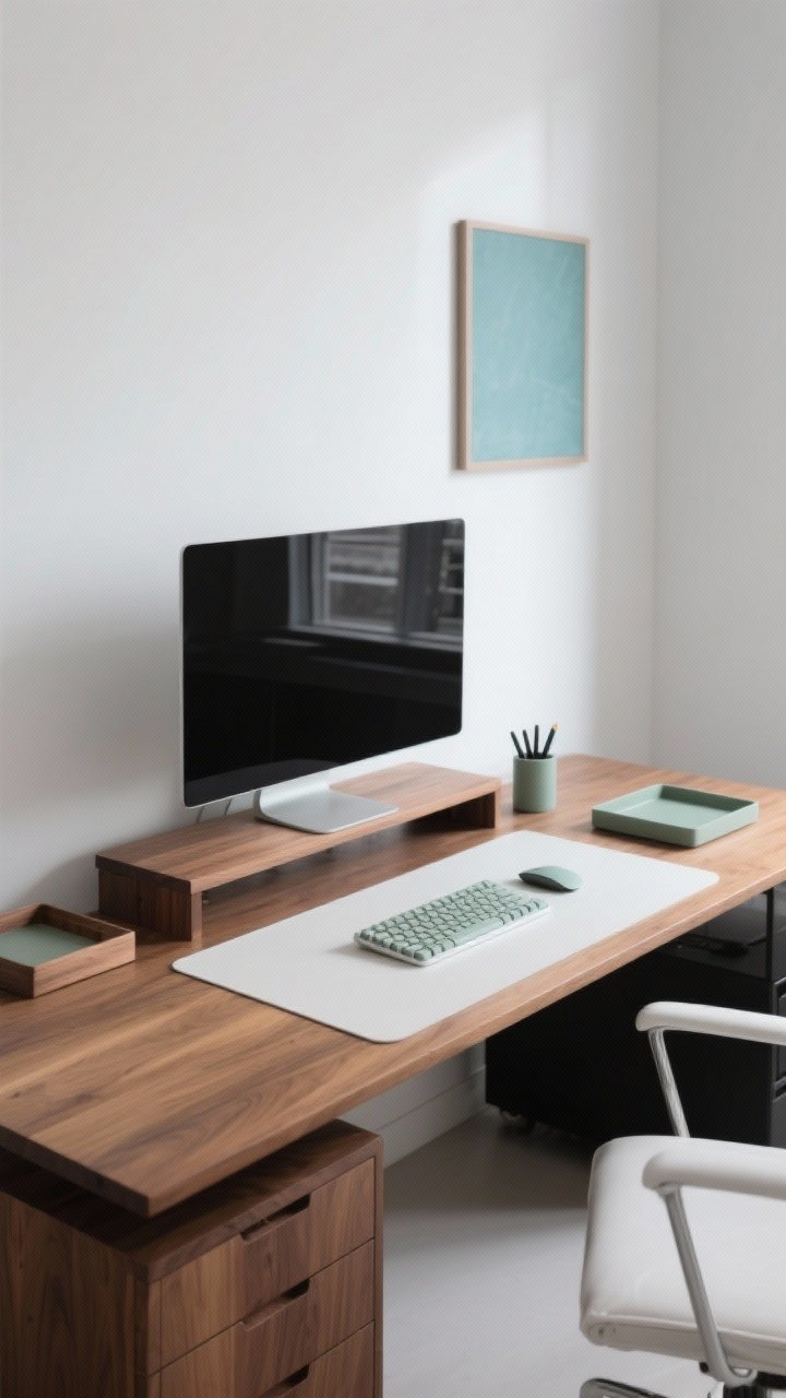 A wide shot of a cohesive minimalist workspace featuring a black, white, and warm wood color story with a soft sage accent: warm wood desk and matching wood monitor riser, off-white desk mat with matching-toned keyboard and mouse, coordinated storage pieces (matching trays and pen cup), and a single muted blue or sage art print on the wall. Natural daylight, clean lines, no clutter, materials harmonized to feel calm and intentional.