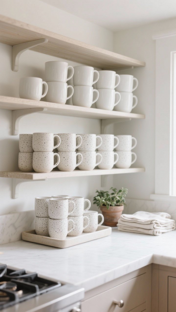 A wide shot of open kitchen shelves styled for function-first: at eye level, calm rows of all-white and speckled stoneware mugs grouped by color and finish, stacked two-high max with all handles pointing the same direction. A shallow tray anchors a cluster, a small riser creates tiered levels, and a tiny potted plant plus a folded linen stack adds a soft element. Bright, natural daylight, no dusty look—surfaces appear freshly wiped, overall intentional and serene.