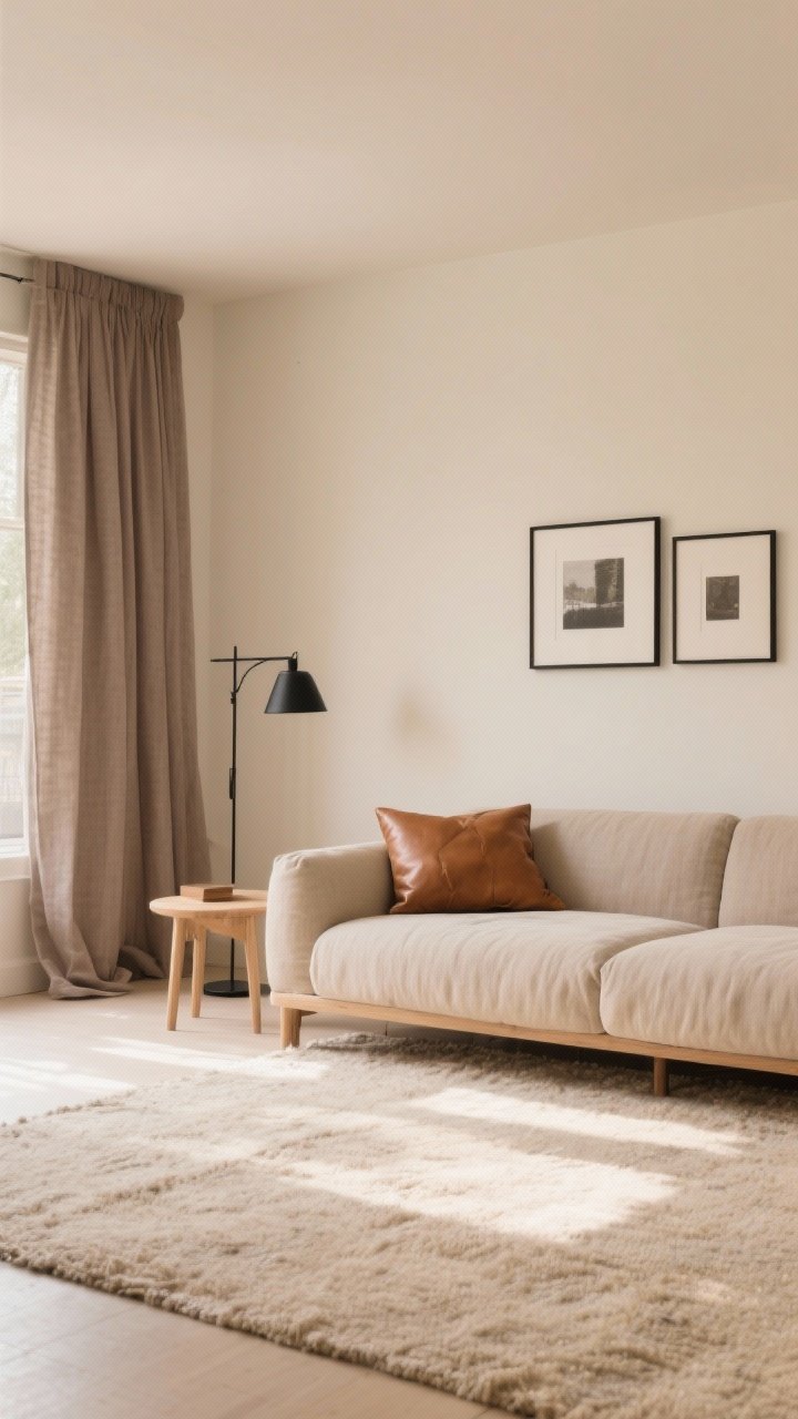 A wide, straight-on shot of a minimalist living room in a cohesive soft palette: warm beige walls, mushroom-toned linen sofa, sandy textured rug, and taupe linen curtains. Add gentle contrast with soft black metal picture frames and a matte black lamp base. Include a caramel leather pillow and light oak accents. Natural afternoon light, cozy and grounded, clutter-free.