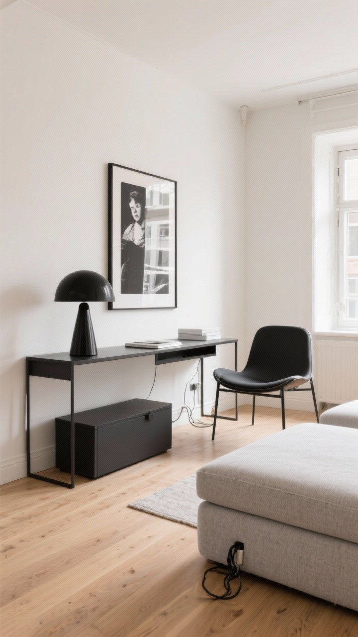 A wide, straight-on view of a compact living room after a ruthless edit: clear surfaces and open floors, with a slim console that converts to a desk against a warm white wall, a low-profile storage ottoman in light gray fabric, and hidden cable management (no visible cords). Include one oversized black-and-white art print as the single bold accent above the console, a sculptural matte black table lamp, and one statement accent chair with clean lines. Neutral palette with warm whites, light oak flooring, and matte black accents; soft afternoon natural light for an airy, uncluttered modern feel.