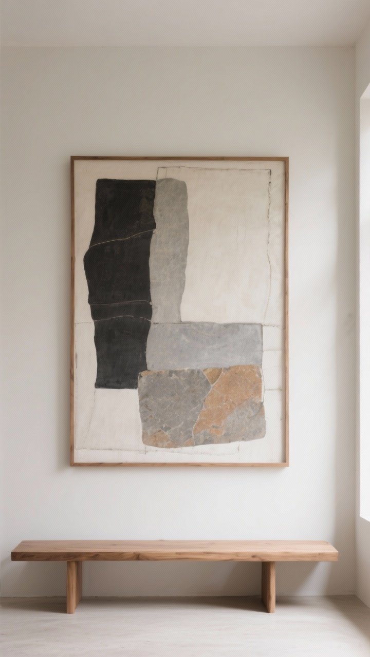 A wide, straight-on view of a wall featuring one large-scale minimalist artwork with a muted palette—soft abstract in charcoal, greys, and warm stone tones—framed in a thin oak frame matching the room’s wood tone. Plenty of negative space around the piece, neutral walls, simple bench below, calm daylight.