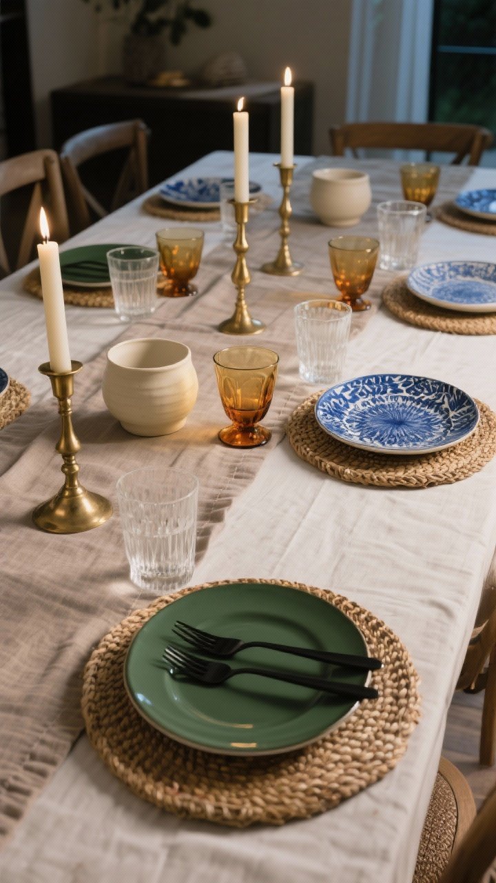 A wide tablescape capturing simple color theory combos anchored to plates: one end styled “Moody + Metallic” with deep green dinner plates, black flatware, and brass candlesticks; the center “Neutral Luxe” with cream stoneware, taupe linen runner, and amber glassware; the other end “Blue Crush” with indigo patterned plates, natural rattan placemats, and clear glass; keep to 2–3 dominant colors per vignette, soft evening ambient light for a calm, intentional mood; no people.