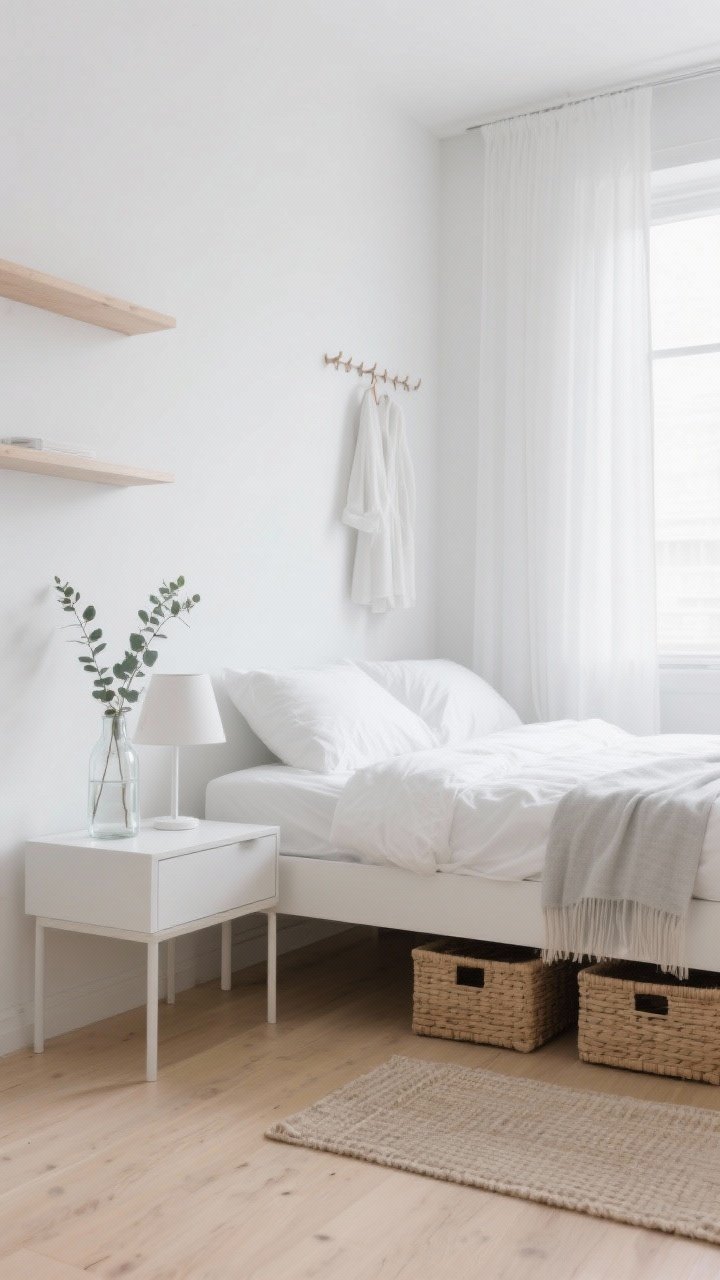 Airy Scandinavian medium-wide shot from a corner angle: slim-legged bed lifted high to let light pass underneath, floating nightstands, floating shelves, and a wall-mounted peg rail with a robe; sheer white linen curtains filtering daylight, bright white walls with pale gray accents and blond wood tones; white bedding with one pale gray throw and a soft woven runner at bedside; clear glass lamp, eucalyptus stems in a simple bottle vase, woven storage bins neatly under the bed visible through the leg clearance; light, floaty mood