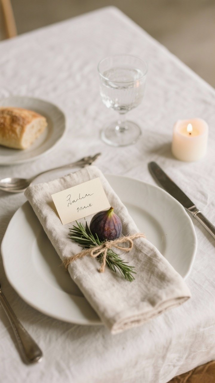 An overhead detail composition of personalized touches: a place setting with a handwritten place card on cream cardstock tied around a folded linen napkin with twine, an edible decor element—a ripe fig and a rosemary sprig—resting on the plate, and a single minimalist menu card propped against a small candle for the whole table; layout follows etiquette with the bread plate at 10 o’clock and the water glass above the knife; clean, editorial feel with soft diffused light.