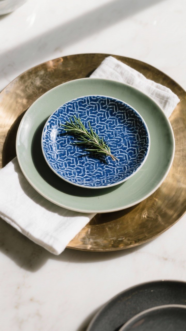 An overhead detail shot of layered plates showing contrast: a metallic brushed-brass charger base, a bold patterned indigo main dinner plate as the statement piece, a smaller solid matte sage salad plate stacked above, finished with a loosely folded ivory linen napkin and a sprig of fresh rosemary as the topper; mix finishes with glossy plate over matte charger; subtle shadows from window light; no additional brand cues, just cohesive mixed pieces.