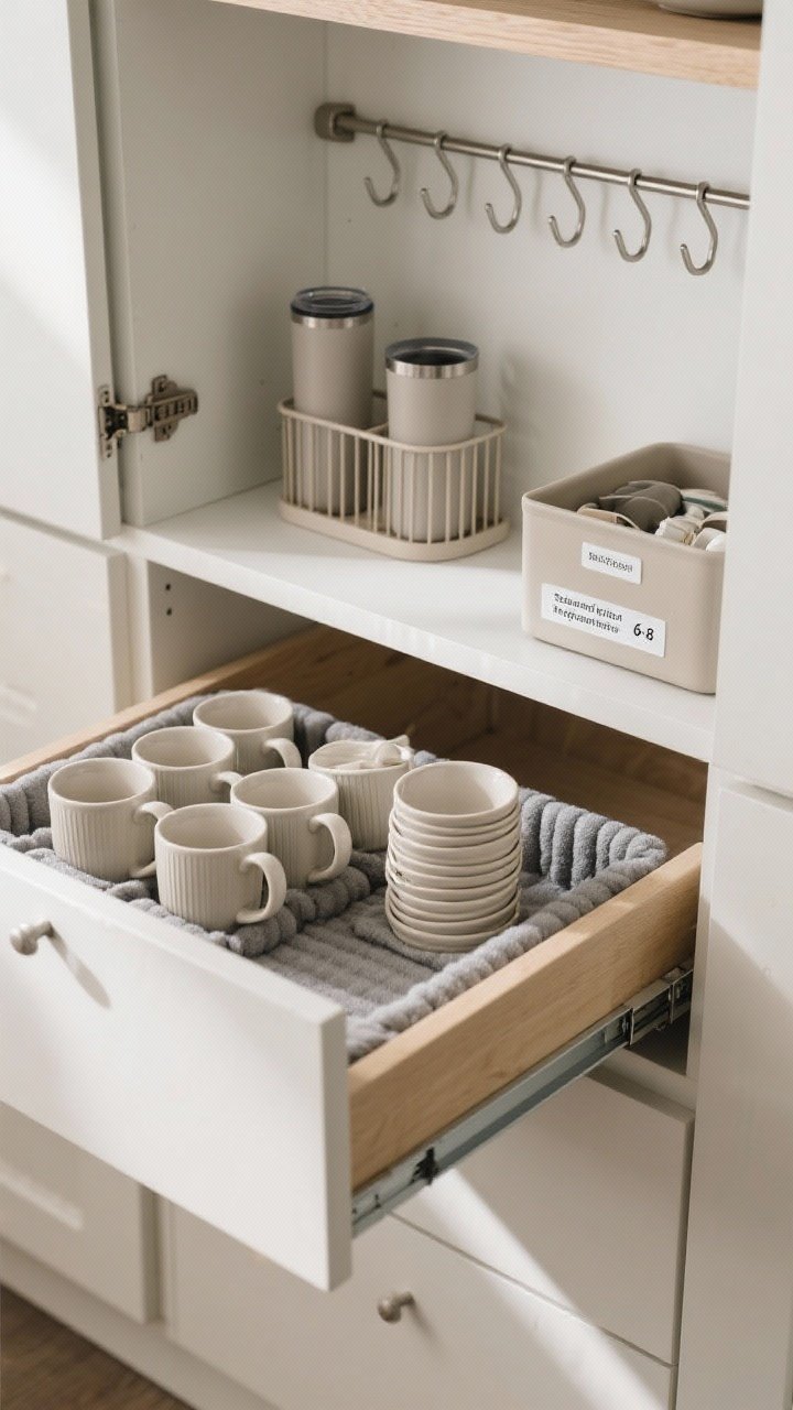 An overhead detail shot of space-saving systems in action: a drawer outfitted with padded dividers holding mugs on their sides; a neat stack of nesting mugs designed to lock without wobble; a labeled storage bin for seasonal rotation (6–8 in play, extras stored); an over-door rack on a cabinet interior with a slim row of hooks; a separate zone corral for tall travel tumblers. Neutral ceramics with alternating handle directions visible, crisp daylight for clarity and order.