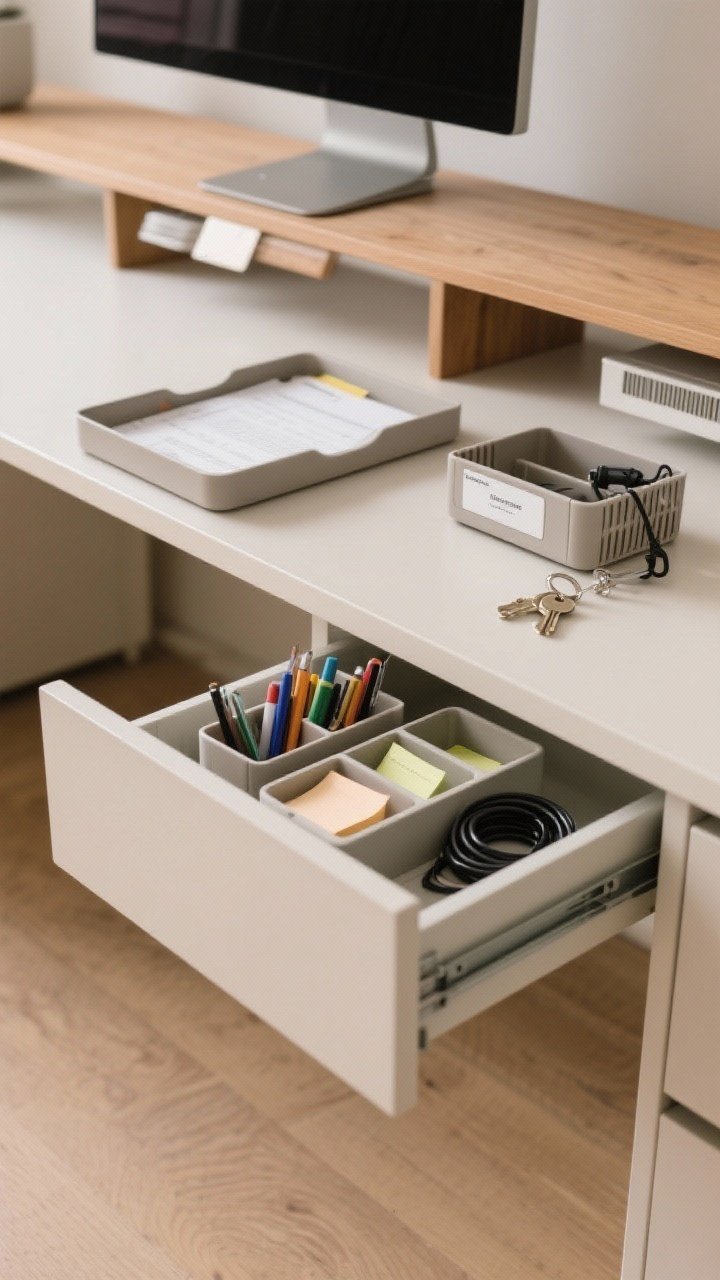An overhead detail shot of stealth storage solutions in action: an open desk drawer with tidy modular inserts organizing pens, sticky notes, and spare cables; a slide-in document tray tucked under a monitor riser holding a few labeled papers; a slim under-shelf basket on a nearby open shelf; and a discreet magnetic strip mounted under the desk edge with a keyring and cable tips attached. Clean neutral tones, warm wood, and soft, shadowless lighting for clarity.