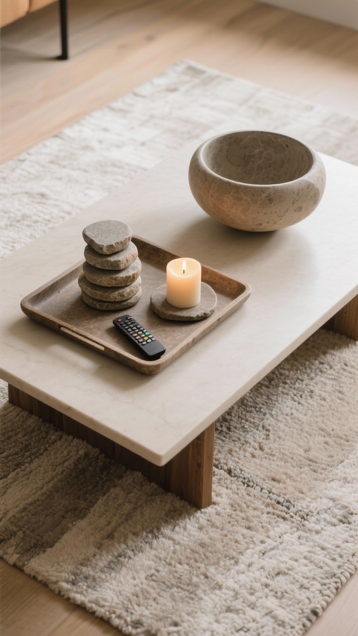 An overhead view of a styled coffee table on a calm rug, showing intentional minimal styling: a tray corralling a remote, stone coaster stack, and a lit candle. Apply the rule of three with varied height and texture, plus one hero sculptural bowl as the focal object. Bare surrounding surface, clean negative space, warm ambient lighting.