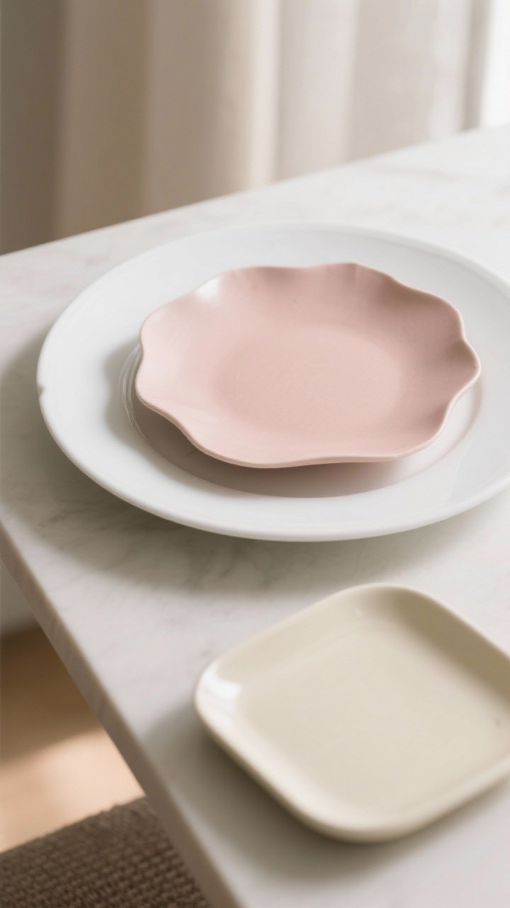 Angled closeup: Mixed shapes and rims—classic round white dinner plate with a consistent rim thickness, topped by an organic-edge blush-toned salad plate with a quiet center. A small square appetizer plate in cream sits to the side. The rims are harmonious in thickness; the louder piece is limited to the salad plate while the dinner plate stays calm. Gentle morning light, shallow depth of field to emphasize the subtle geometry without feeling busy.