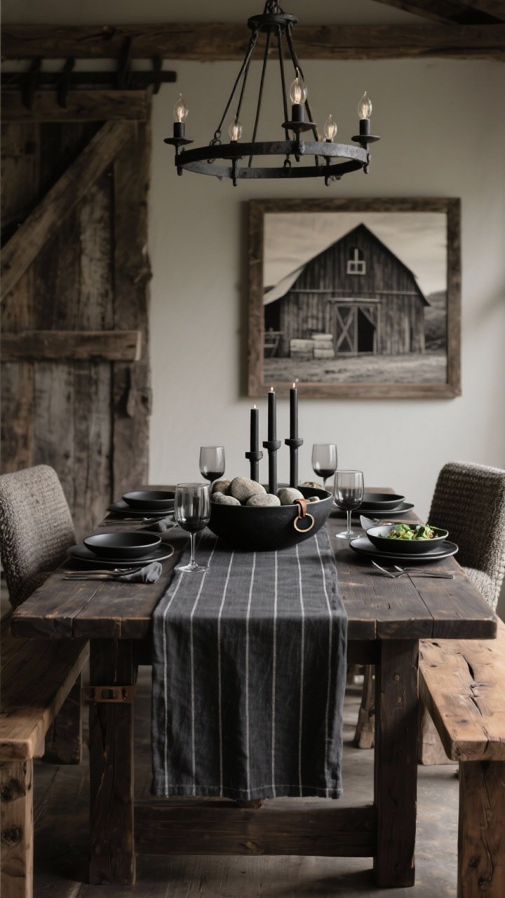 Angled medium shot with moody barnhouse vibe: dark-stained wood table with a charcoal ticking-stripe runner. Centerpiece is a blackened iron bowl filled with smooth river stones and a few matte black taper candles in slim holders. Place settings include black ceramic dinner plates, stone-colored salad bowls, and ink-dyed linen napkins clipped with leather rings. Seating features raw oak benches and two end chairs upholstered in wool tweed. Smoky stemless wine glasses at each place. Background shows a large vintage barn photograph in a rough-hewn frame. Overhead forged-iron chandelier with low, dimmable bulbs for a coal, stone, natural oak, soft taupe palette. No people, sophisticated rustic mood.