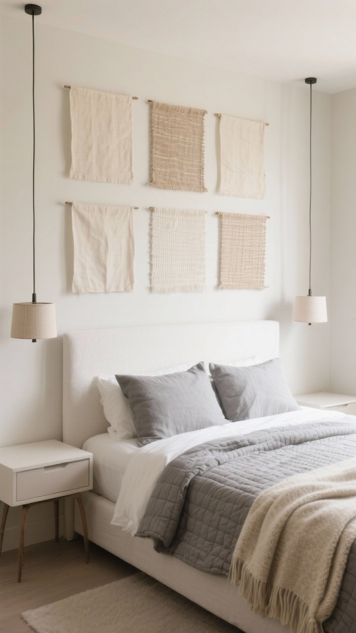 Bedroom detail/medium shot focused on the bed wall: calm grid of neutral textile wall hangings—linen, canvas, woven panels in pale oat and cream—above a simple white headboard; pendant bedside lights with small drum shades hung low to keep nightstands clear; bed dressed with a stone-gray quilt and soft wool throw in pale sand; soft, diffused lighting; palette cream, oat, sand, stone gray; straight-on composition highlighting vertical lift.