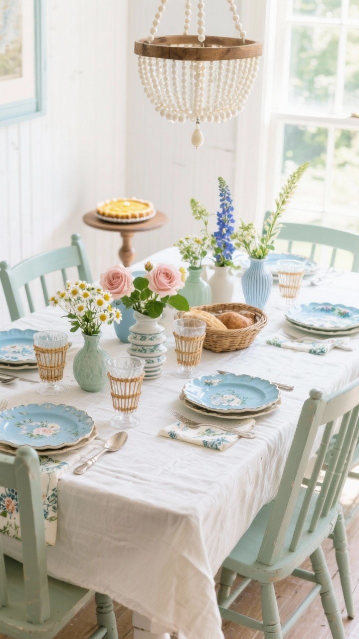 Bright, sunlit wide shot of a whitewashed pedestal dining table draped with a crinkled soft-ivory cotton tablecloth. Down the center, a casual cluster of mismatched bud vases holding garden roses, chamomile, and snapdragons in a loose, not-too-arranged style. Place settings use vintage-mix floral china stacked with a scalloped salad plate, cane-wrapped glassware, pearl-handled flatware, and hand-block printed napkins in dusty blue. Painted Windsor chairs in soft sage around the table. Accents include a pie stand with lemon tart and a rattan bread basket. A beaded wood chandelier overhead, natural morning light streaming in. Palette: ivory, sky blue, blush, leafy green. No people, heirloom homey feel.
