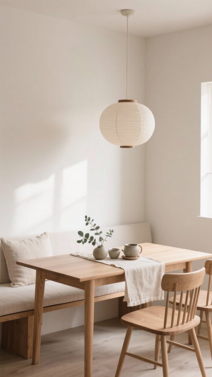 Calm medium shot of a Japandi low-slung nook: low-profile wood bench with a linen cushion, paired with a light ash rectangular table and slim spindle-back chairs; warm white walls; a single oversized rice-paper pendant centered above; tabletop styled with a stoneware tea set, a linen runner, and a sprig of eucalyptus; soft, diffuse morning light emphasizing tactile textures; tranquil, modern mood