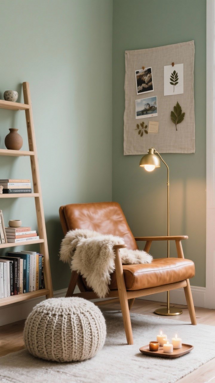 Closeup detail of a hygge reading nook: caramel leather low-profile lounge chair draped with a plush sheepskin throw, knit pouf tucked underfoot, edge of a light ash ladder shelf stacked with paperbacks and small ceramics; soft glow from a slim brass floor lamp with a globe shade, tea-light cluster on a tray flickering; pale sage accent wall behind, linen pinboard with postcards and pressed leaves; tactile, intimate, cocooned, photorealistic.