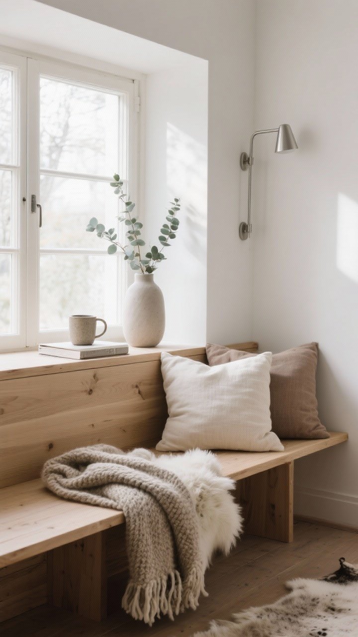 Closeup detail of a Nordic window nook: built-in light oak bench running wall to wall with a flax linen cushion; plump pillows in cream and taupe; a chunky wool throw casually draped; small sheepskin rug peeking at the edge; minimal styling with a stoneware mug, a slim vase with eucalyptus, and an open book; brushed nickel slim wall sconce nearby; afternoon light grazing textures; intimate angle, photorealistic.