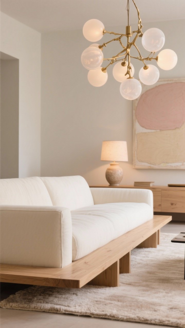 Closeup detail shot highlighting warm minimal lighting: the edge of a clean cream sofa beside a slim oak bench used as a coffee table on a tone-on-tone wool rug. Above, a sculptural chandelier with frosted globes/brushed brass branches softly glowing; in the background, a single oversized artwork in beiges and soft blush. A ceramic table lamp adds layered warmth. Palette: cream, beige, soft blush, warm metal. Quiet luxury, photorealistic.