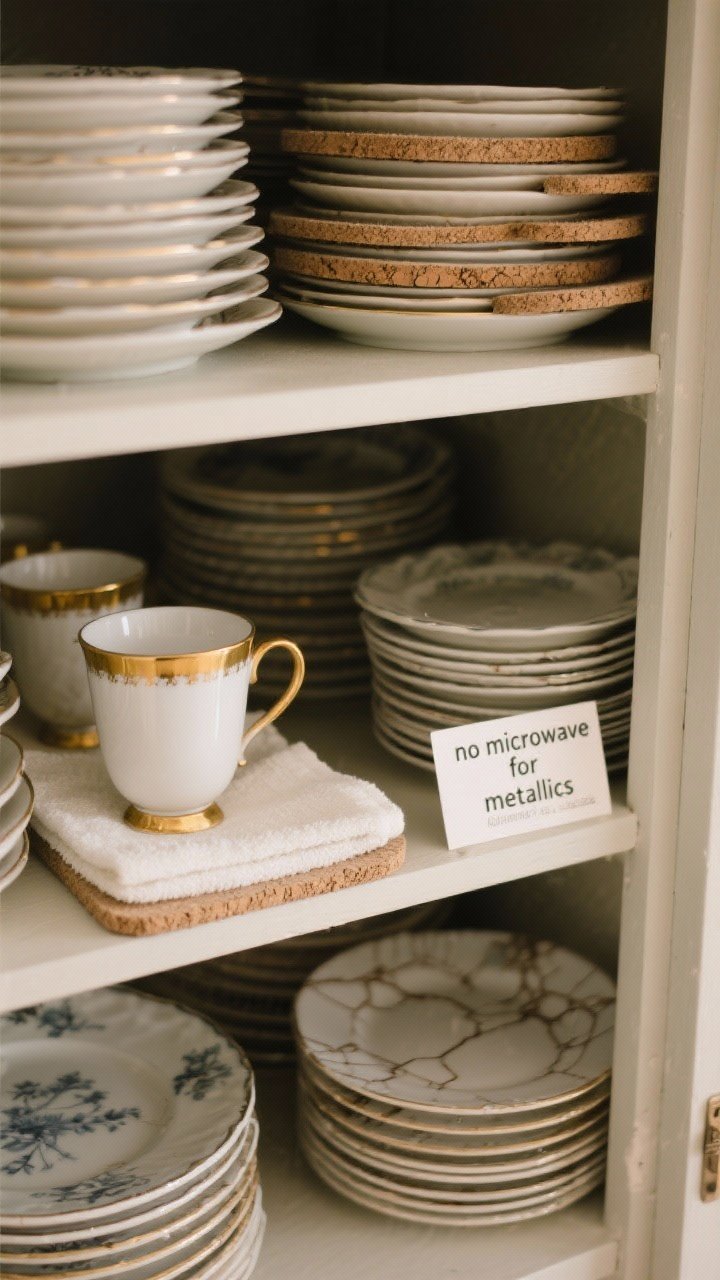 Closeup detail shot inside a cupboard: stacks of vintage plates separated with felt or thin cork liners to prevent scratches; a gilded-rim cup set aside, dry and spotless, with a towel indicating hand-wash care; small “no microwave for metallics” reminder card; a plate with visible crazing labeled for dry foods or display; soft, indirect light, no direct sun, showing careful storage and preservation.