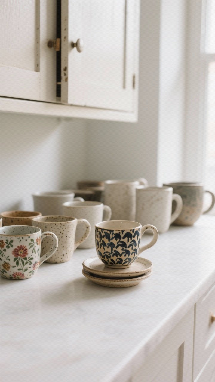 Closeup detail shot of a carefully curated mug lineup on a clean white counter: a tight selection of handmade ceramic mugs with unique shapes and speckled glazes, a small cluster of vintage floral mugs, and a calm mix of neutral plain mugs as supporting pieces; one bold patterned mug is placed on a small stack of saucers as the single statement per “shelf,” while everyday plain, slightly scuffed mugs are blurred in the background behind a cabinet door ajar; soft morning natural light from the side highlights textures and color grouping by vibe (minimal, rustic, vintage, bold); negative space around the heroes to avoid visual chaos.