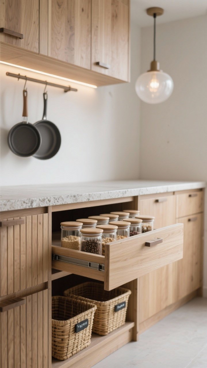 Closeup detail shot of Japandi calm storage: light oak vertical slat cabinet fronts with push-latch hardware (no visible handles), warm stone-look porcelain countertop edge; drawer opened to reveal stackable glass canisters precisely lined up and labeled; deep bamboo bins with labeled bulk goods inside a cabinet; in background, a ceiling-mounted rail holding two pans; soft white and clay gray tones with matte charcoal accents; frosted globe pendant glow and subtle under-shelf LEDs; serene mood, shallow depth of field