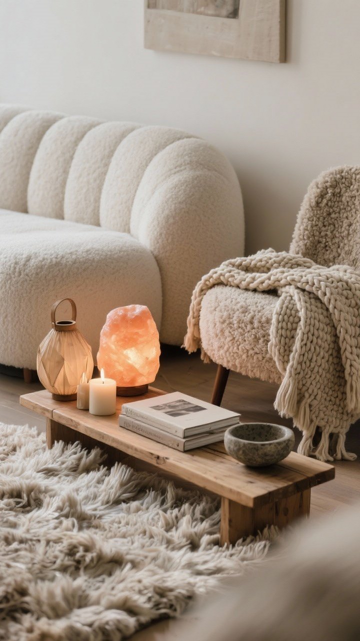 Closeup detail shot of layered hygge textures: the rounded edge of a cloudy, rounded loveseat next to a teddy-bouclé accent chair, draped with a chunky knit throw in oatmeal. Foreground shows a soft shaggy wool rug fibers in focus; candles, a glowing salt lamp, and a wood-and-paper lantern create low, warm layered light. A narrow pine bench used as a coffee table holds a stacked book and a tiny stone bowl. Color notes: cream, fawn, fog gray.