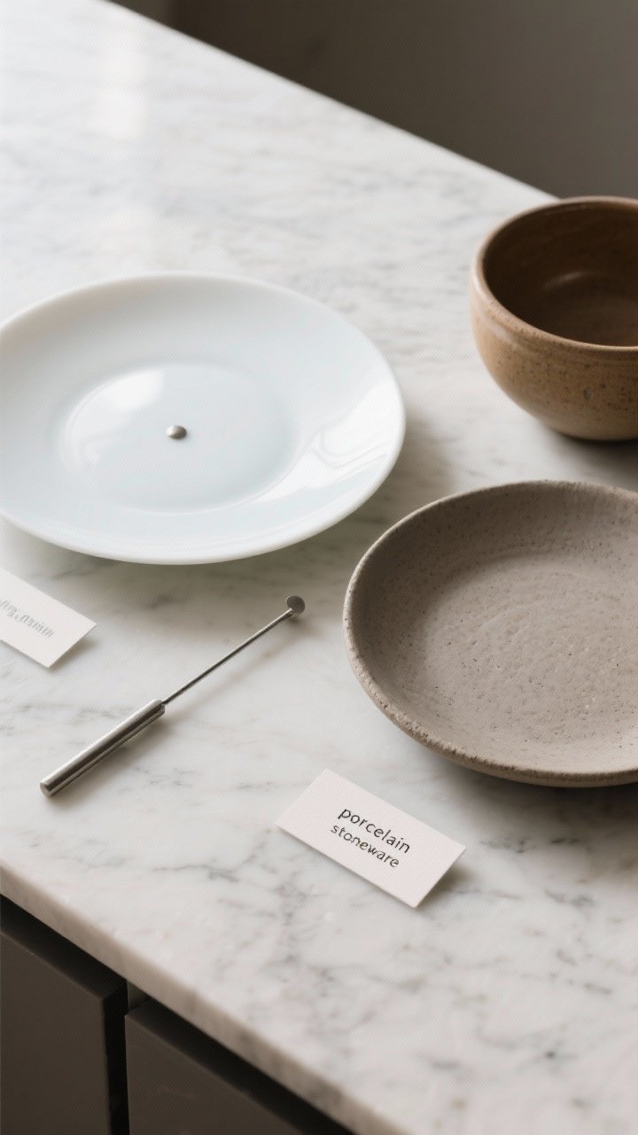 Closeup detail shot on a marble countertop: side-by-side comparison of a thin, bright-white porcelain dinner plate that subtly rings when lightly tapped (visualized with a tuning fork nearby) versus a thicker, matte stoneware plate in warm gray with a slightly rustic texture; include a heavier, earth-toned earthenware bowl to the side for contrast. Soft daylight from the left accentuates glaze sheen vs matte surface, with labels on a small card: “porcelain” (thin, white) and “stoneware” (heavier, matte). No people, photorealistic, straight-on macro perspective.
