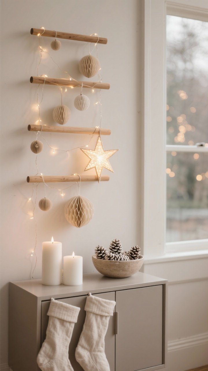 Closeup detail, soft minimal: wall-mounted wood dowel ladder used as a tree alternative, draped with neutral ornaments and delicate fairy lights. Tone-on-tone palette—warm beige, oatmeal, soft taupe. In the foreground, matte white candles and paper honeycomb ornaments; a bowl of bleached pinecones on a slim console with closed storage. Linen stockings and a single illuminated star glowing softly in the window bokeh behind. Quiet sparkle, serene, photorealistic, no people.