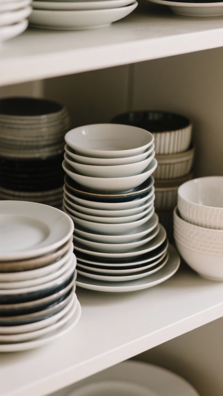 Closeup overhead shot of a tightly curated capsule dinnerware stack on a compact open shelf: