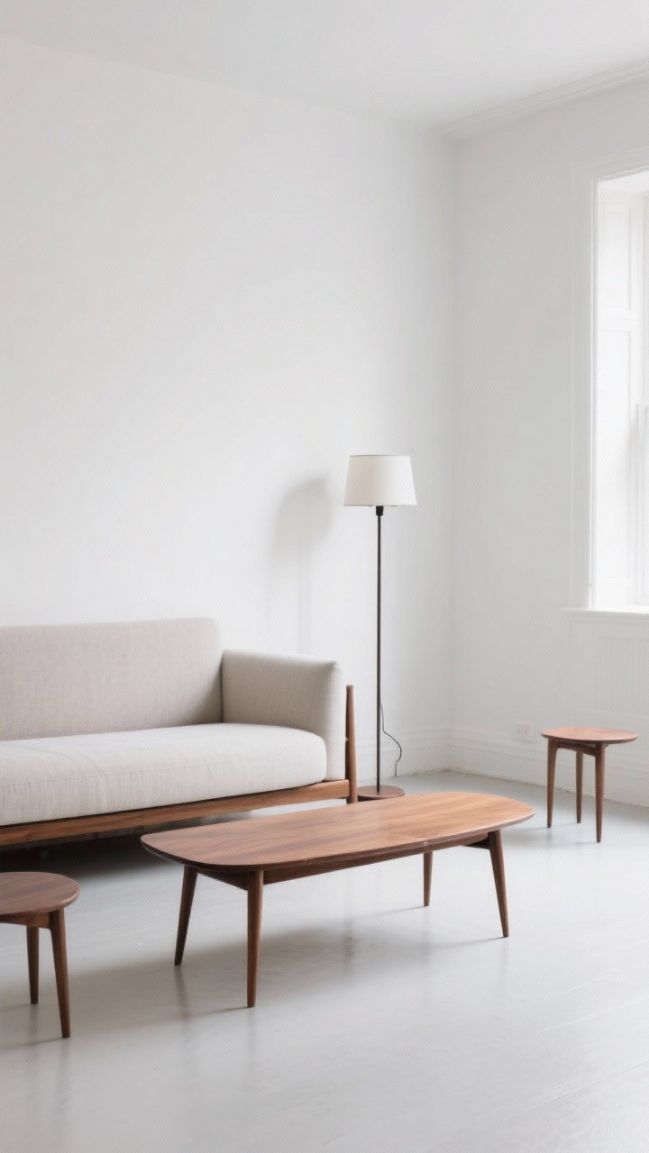 Closeup, straight-on vignette of a pared-back small living area styled like a gallery: a tight edit showing a mid-century sofa edge, a single slim-profile floor lamp, and one walnut coffee table centered with 18–24 inches of clear walkway around; no extra side tables or duplicates; clean white walls, uncluttered floor, negative space emphasized; soft natural daylight from the side, showcasing clarity and restraint—fewer, better pieces with airy breathing room.