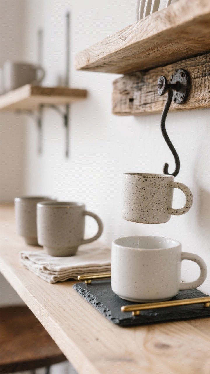 Closeup texture-focused detail shot showcasing designer material mixes: matte stoneware mugs with subtle speckles, pale wood accents, and a folded linen coaster stack for Scandi calm; nearby, a contrasting setup shows a speckled clay mug beside an iron hook and a reclaimed wood shelf edge; a chic cafe vignette includes a white porcelain cup on a black slate tray with a brass rail glinting in the background; repeated materials appear twice in frame to feel intentional; soft directional light emphasizing matte vs glossy surfaces.