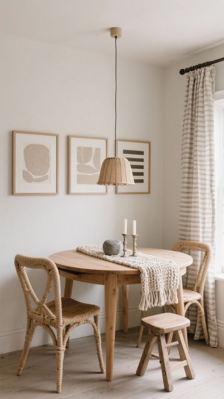 Corner dining area medium shot in a small footprint: round drop-leaf light oak table paired with two natural paper cord wishbone chairs; wall-mounted triptych of neutral abstract prints adding rhythm; chunky knit table runner with a stone candlestick pair; drum linen pendant hung low over the table for intimacy; folding stool tucked beneath as an extra seat; stripe linen curtain framing the scene without blocking light; cozy, compact, photorealistic.