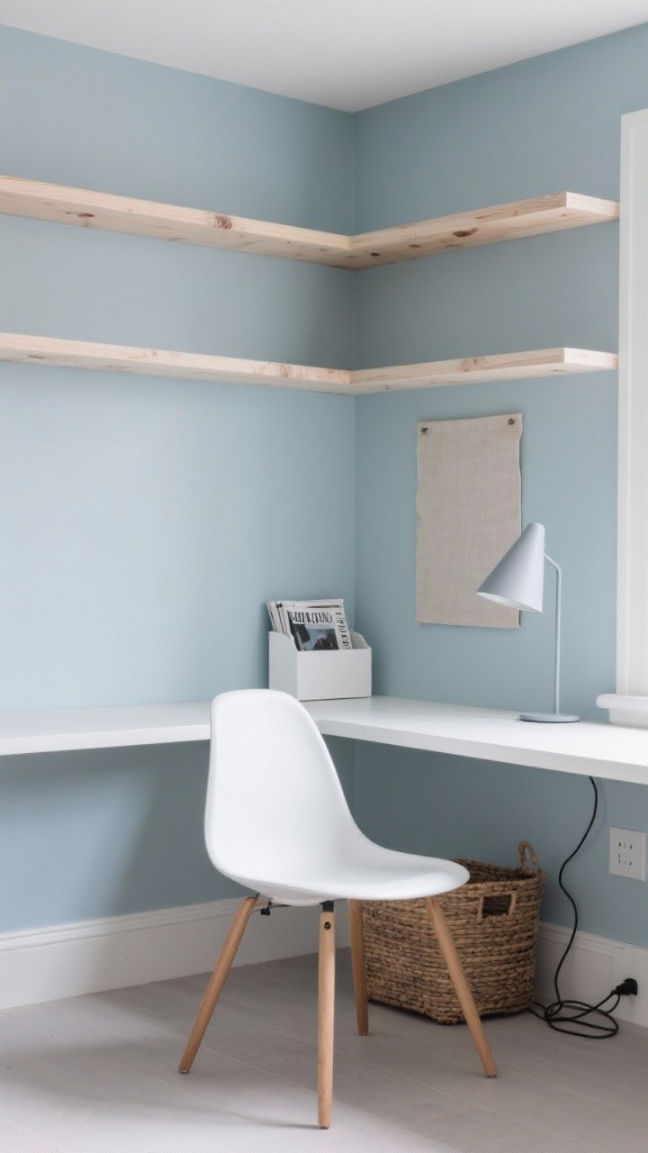 Corner office medium shot: floating birch desk shelf spanning wall-to-wall; desk wall painted dusty pale blue to recede; white molded chair with wood dowel legs; minimal accessories—single matte-white magazine rack, linen pinboard, cone-shaped desk lamp in soft gray; woven basket tucked under the desk for cords; gentle diffuse light; palette of dusty blue, birch, white, soft gray; angle shows depth created by tone-on-tone wall.