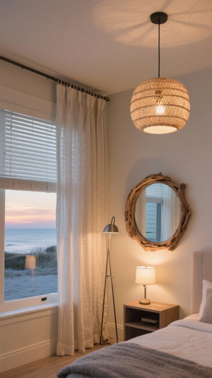 Corner wide shot: A window wall dressed with high-and-wide sheer linen curtains layered over discreet blinds, a round driftwood-framed mirror hung opposite the window to bounce light, layered lighting including a woven pendant overhead, a slim metal floor lamp, and a petite table lamp on a console. Warm 2700–3000K LED glow at dusk to evoke a soft coastal sunset ambiance, no harsh glare.