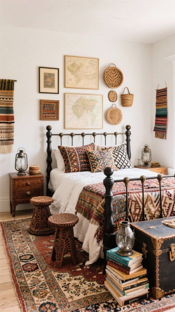 Corner wide shot: Global eclectic bedroom with warm white walls, a vintage Persian rug under a dark spindle bed dressed with mixed patterned pillows—ikat, suzani, and block-print. A gallery wall of framed maps, small textiles, and woven baskets above. Mismatched nightstands that share a warm undertone. Hand-carved stools and metal lanterns near a trunk at the foot of the bed stacked with travel books. Collected-over-time feel, diffuse daylight, photorealistic.