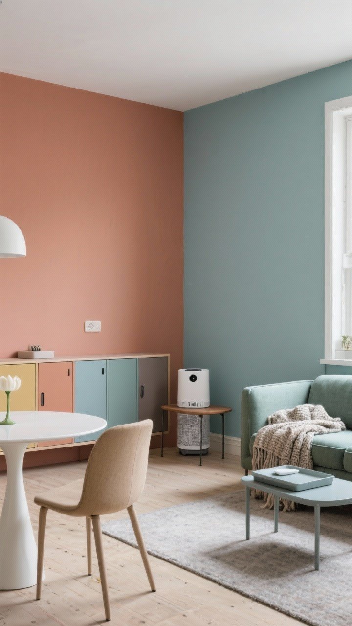 Corner wide shot showing color-blocked living-dining combo: dining wall painted muted terracotta with a DOCKSTA tulip table and ODGER chairs in sand; adjacent lounge area painted dusty blue-green with a KLIPPAN sofa, textured throw, and petite GLADOM tray table; a continuous low run of BESTÅ cabinets across both zones, door colors switching exactly at the color boundary for a crisp transition; a STARKVIND air purifier side table placed where zones meet; balanced daylight, photorealistic.