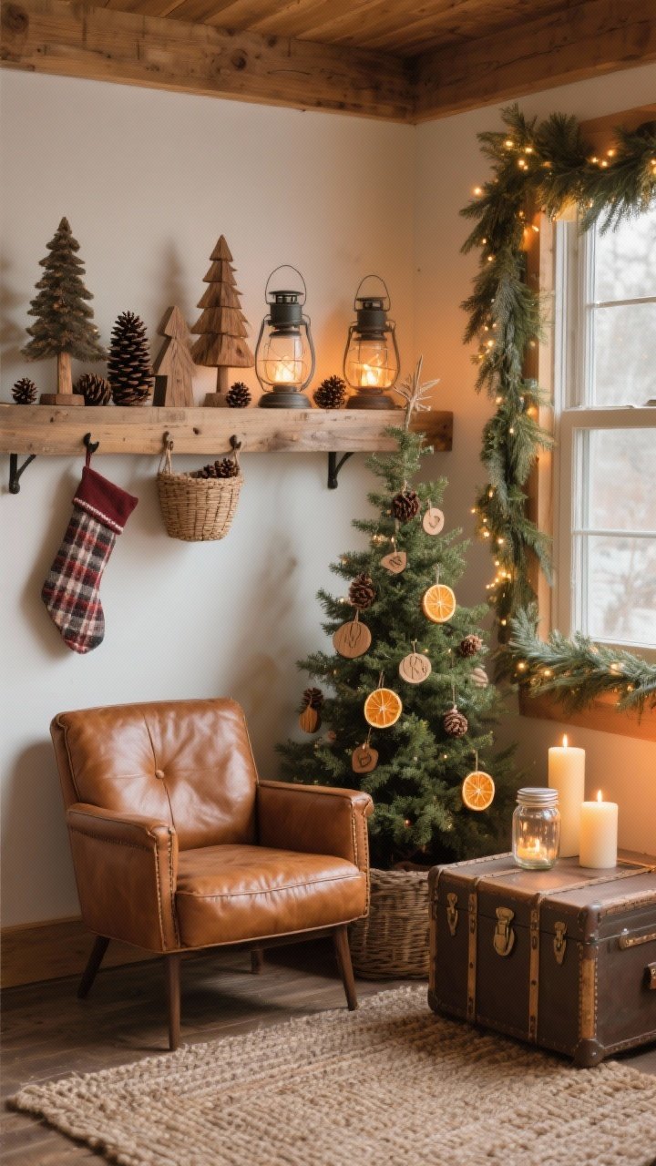 Cozy corner medium shot, cabin cozy theme: cognac faux leather compact club chair beside a trunk-style storage side table on a woven rug. A wall-mounted ledge “mantel” displays mini wood trees, pinecones, and lanterns; flannel stockings hang from command hooks. Narrow basket Christmas tree with wooden ornaments and dried orange slices. Pine garland framing a window, twinkle lights in mason jars. Flameless pillar candles casting firelight vibes. Warm, nostalgic, photorealistic, no people.