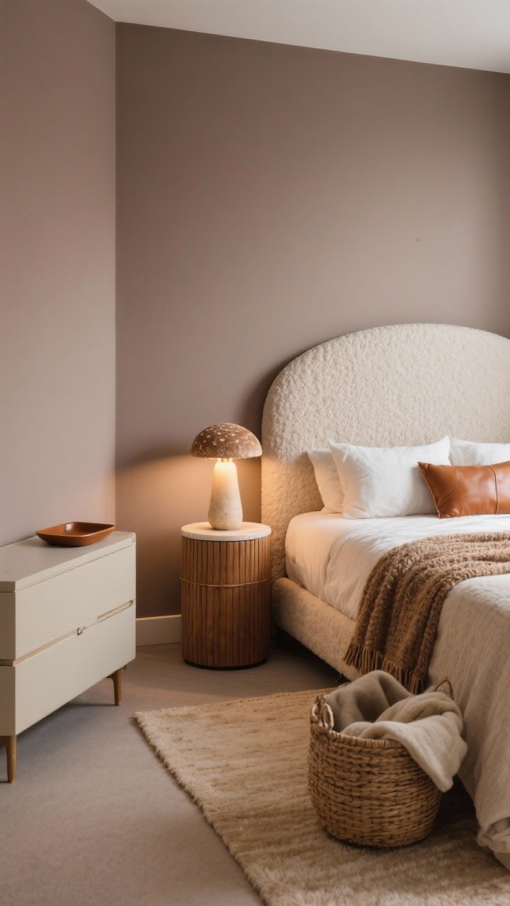 Cozy corner medium shot highlighting soft curves in a small bedroom: taupe walls, a boucle-upholstered curved headboard tucked against the longest wall, sand-colored area rug, low dresser nearby, narrow drum side table with a mushroom-style table lamp glowing like candlelight; include a caramel leather catchall tray on the drum table, a textured throw draped on the bed, and a woven basket with extra blankets; palette of taupe, sand, cream, caramel; gentle, warm lighting emphasizes rounded forms and tactile materials