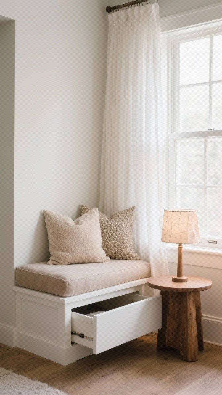 Cozy window nook close-up/medium shot: built-in boxy white-painted bench with hinged top for hidden storage; thick light-taupe cushion and nubby pillows in oatmeal and pebble; sheer ivory curtains hung high to elongate height; small round ash side table with a paper-shade table lamp; soft daylight glowing through sheers for bright yet warm ambiance; palette ivory, taupe, ash wood, oatmeal.