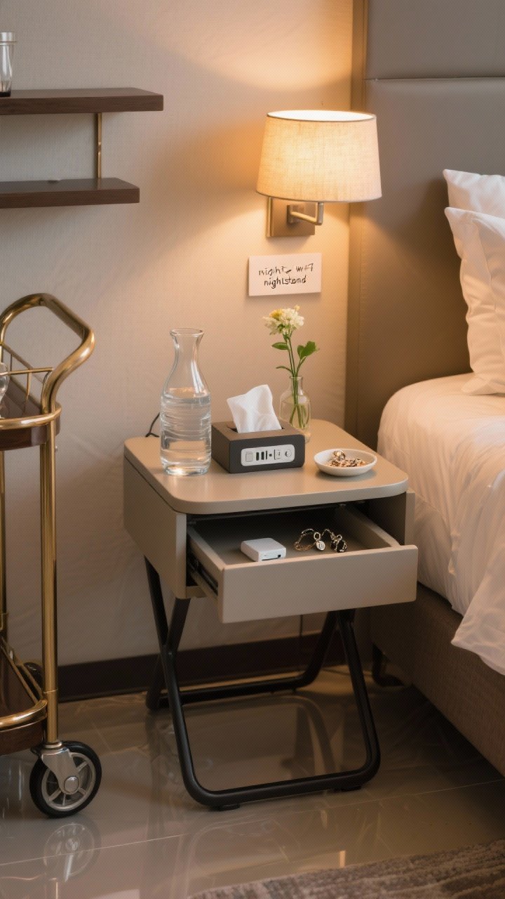 Detail/closeup: A flexible “nightstand” setup beside a guest bed—nesting table pulled out with a water carafe and glass, tissues, a multi-port charger, and a small dish for jewelry/keys. A dimmable lamp with warm light glows softly; a tiny bud vase sits next to a handwritten Wi‑Fi password card. Floors are clear thanks to a nearby wall-mounted floating shelf visible in the background; bar cart wheels peeking frame-left suggest mobility. Warm, hotel-like mood, photorealistic.